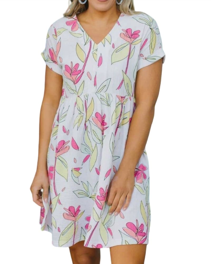 Front of a model wearing a size L Harper Fab Floral Dress in White Print in White Print by MICHELLE MCDOWELL. | dia_product_style_image_id:363231